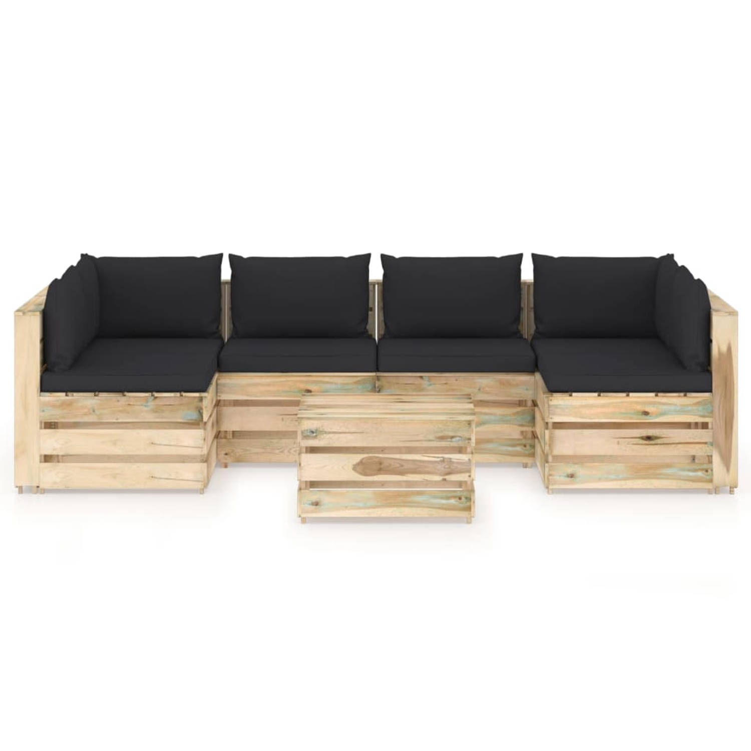 The Living Store Pallet Loungeset - Grenenhout - Hoekbank 69x70x66 - Middenbank 60x70x66 - Tafel/voetenbank 60x62x37 - Zwart kussen