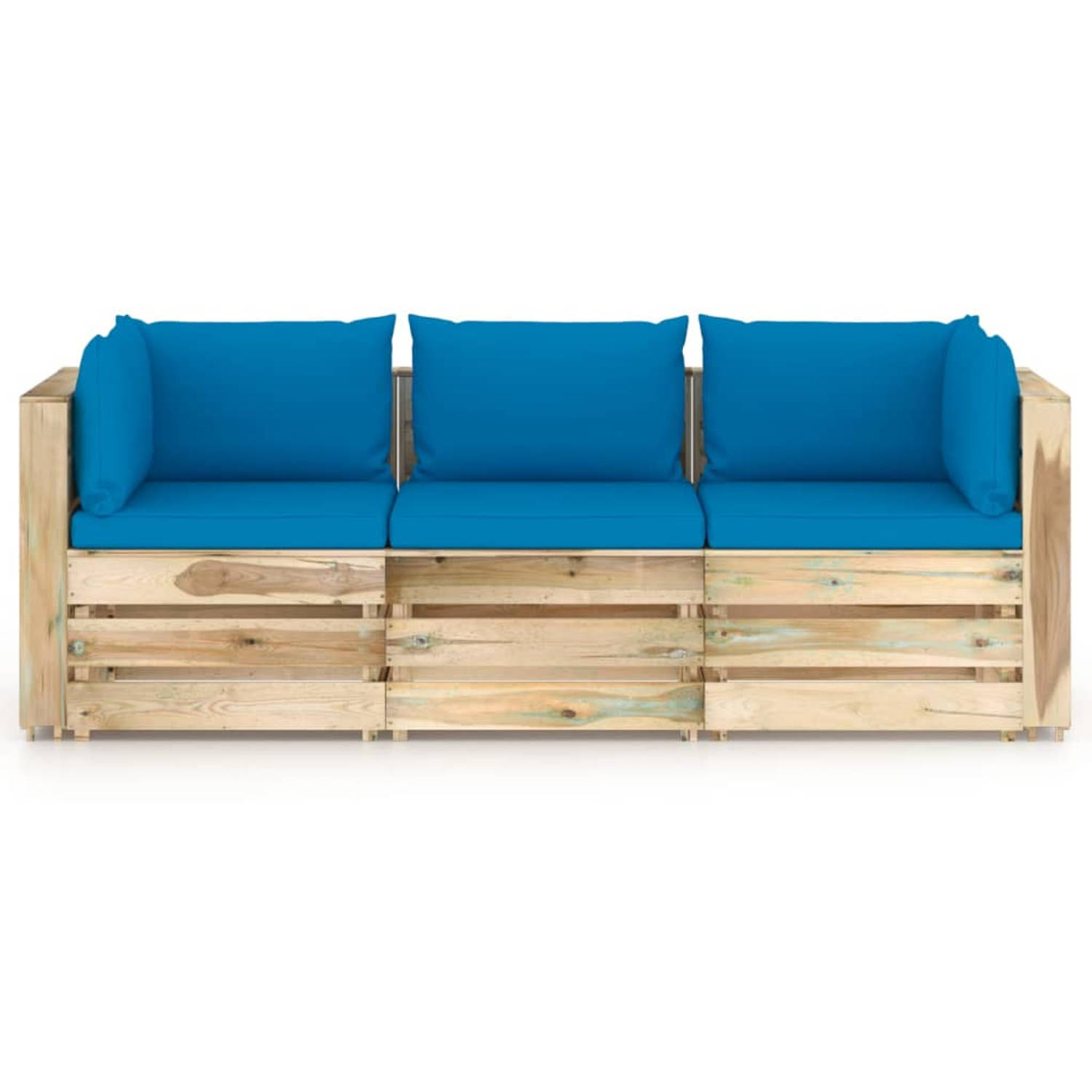 The Living Store Palletbank - Grenenhout - 69x70x66 cm - Lichtblauwe kussens