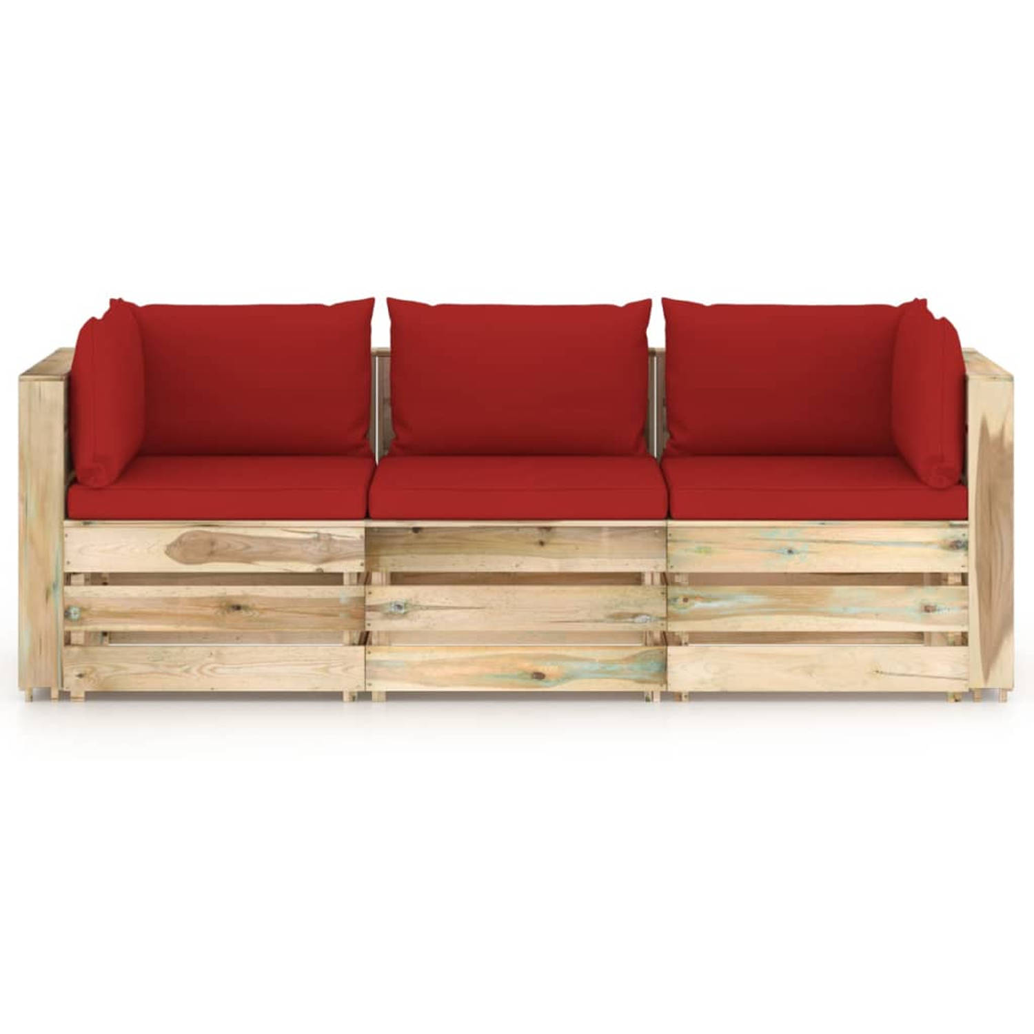 The Living Store Palletbank - Grenenhout - 69 x 70 x 66 cm - Rood kussen