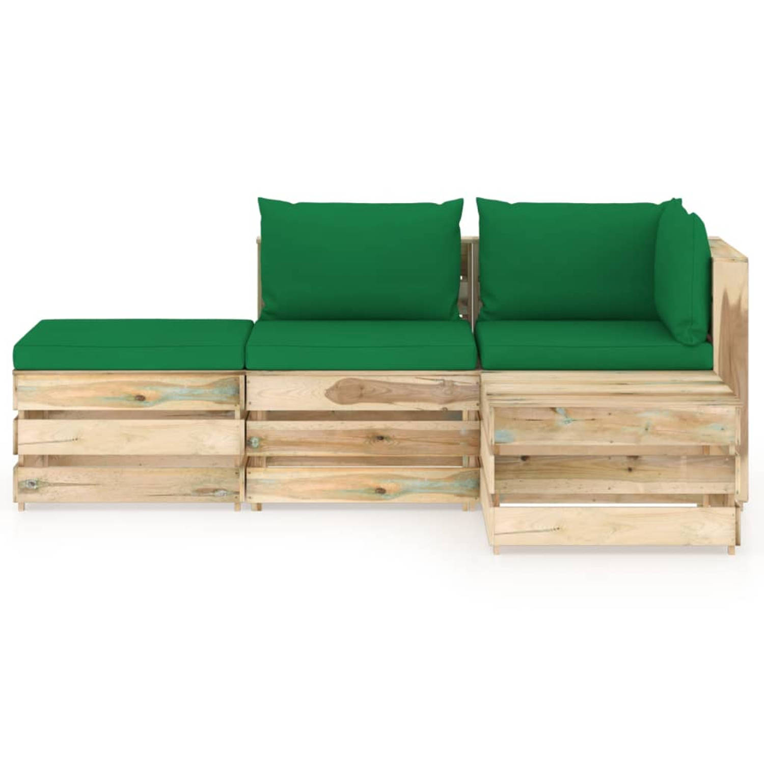 The Living Store Pallet Loungeset - Hoekbank en Middenbank - Grenenhout - Groene kussens