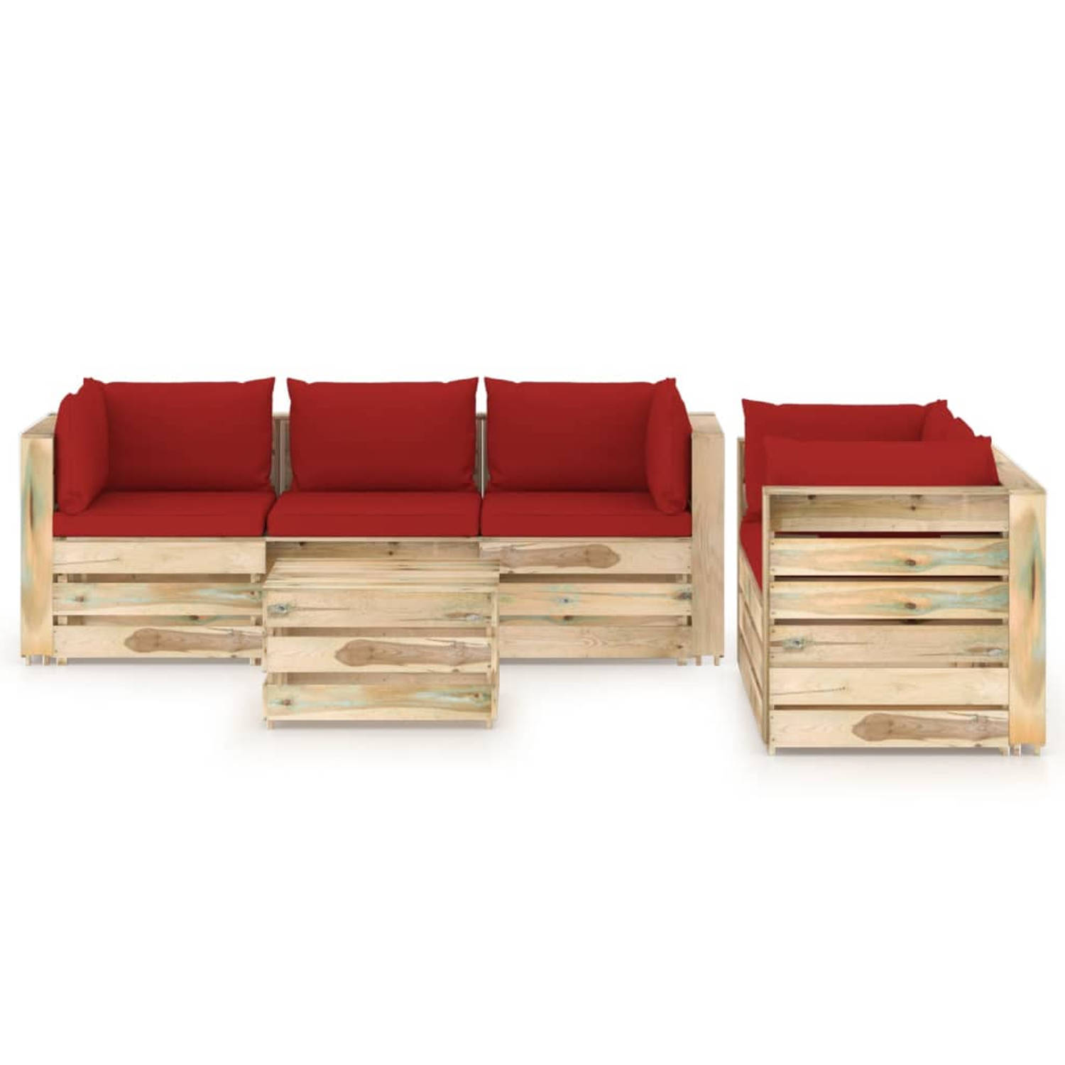 The Living Store Pallet loungeset - Hoekbank 69x70x66 cm - Middenbank 60x70x66 cm - Tafel/voetenbank 60x62x37 cm - Rood kussen - Grenenhout