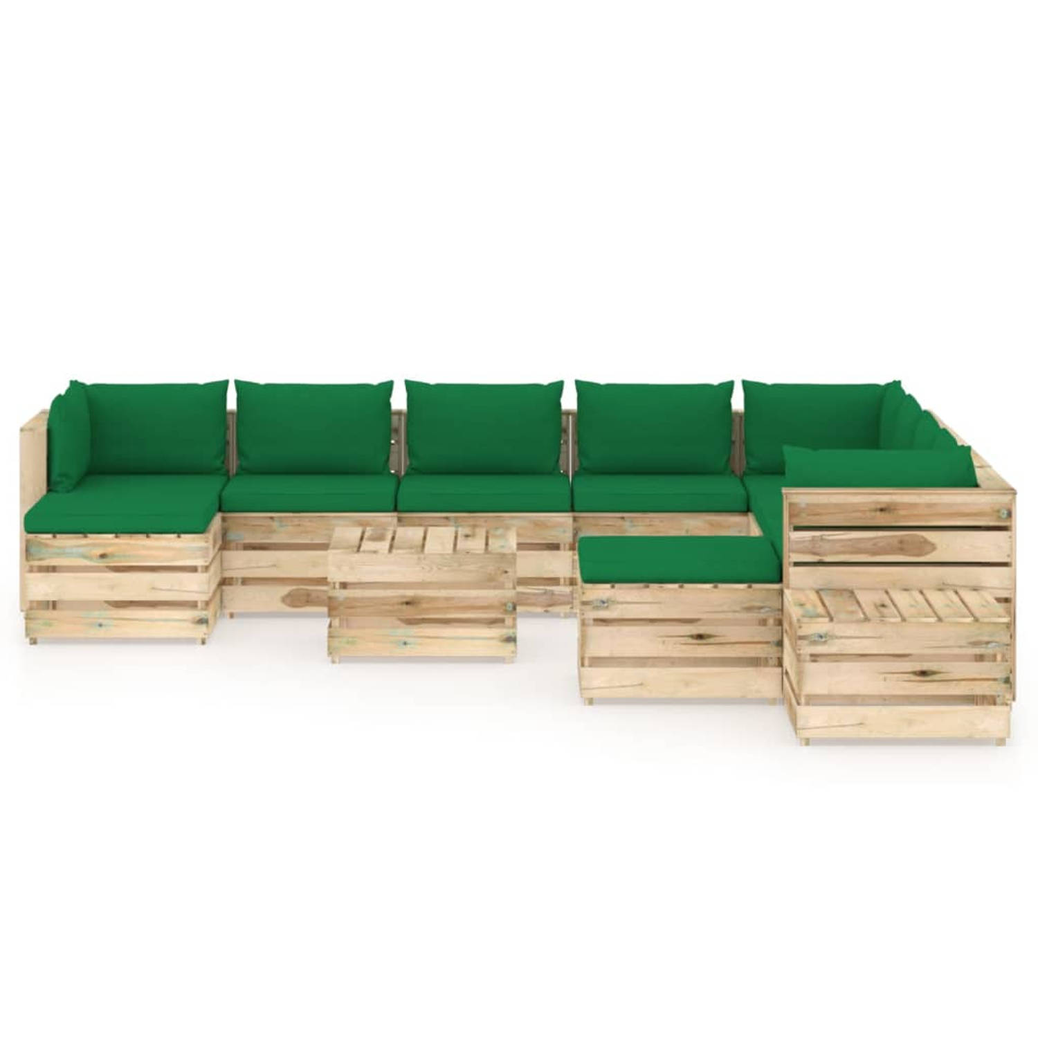 The Living Store Pallet Loungeset - Grenenhout - Modulair - Groen Kussen - Hoekbank 69x70x66 - Middenbank 60x70x66 - Tafel/Voetenbank 60x62x37