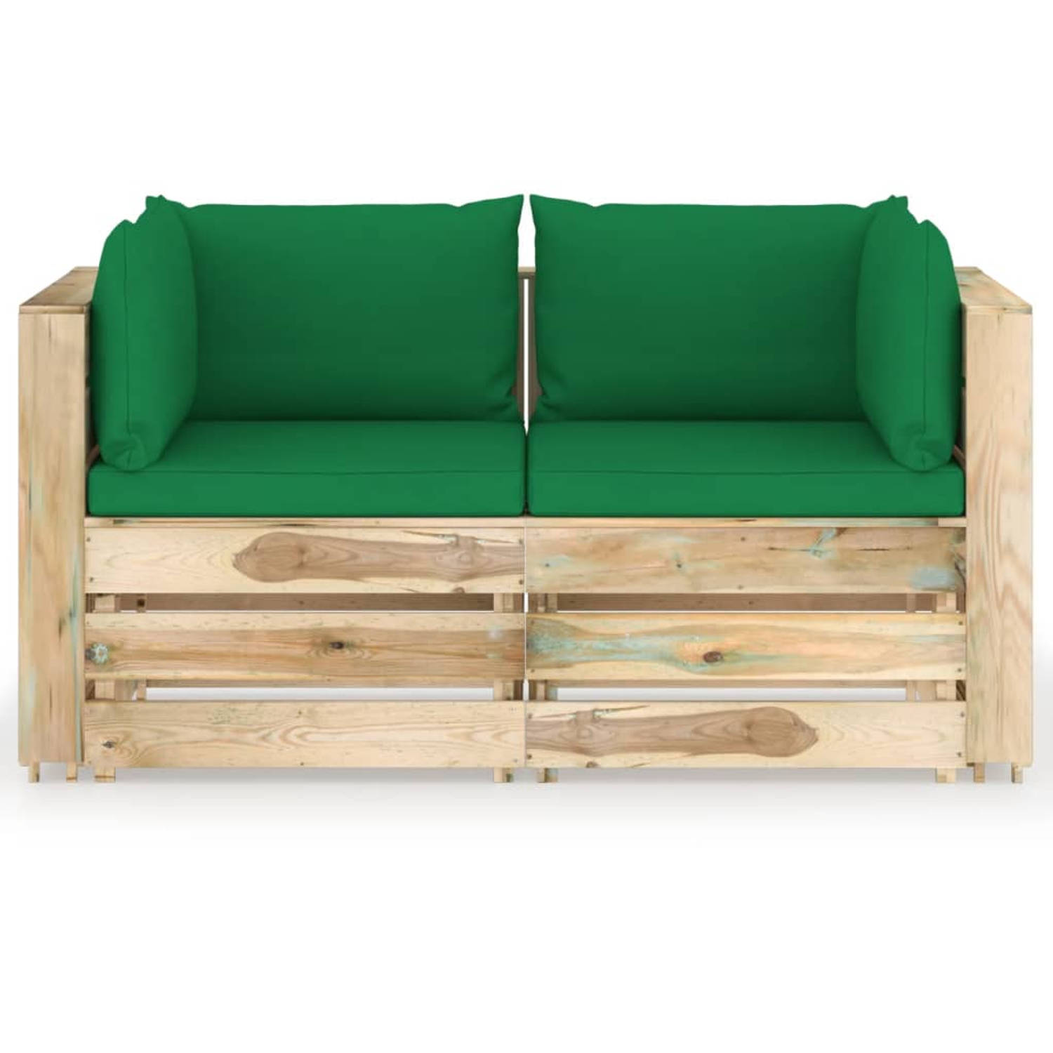 The Living Store Tuinbank 2-zits met kussens groen geïmpregneerd hout - Tuinset