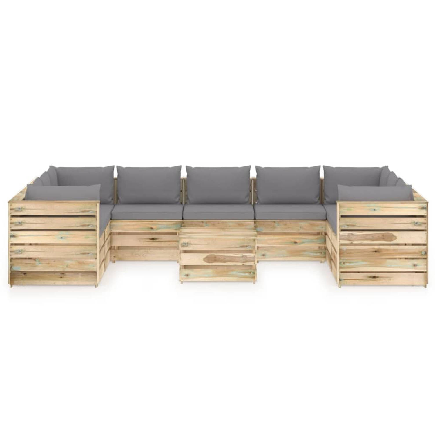 The Living Store Loungeset Pallet - Grenenhout - Modulair design - Grijs - 69x70x66 cm - Inclusief kussens - Montage vereist - The Living Store