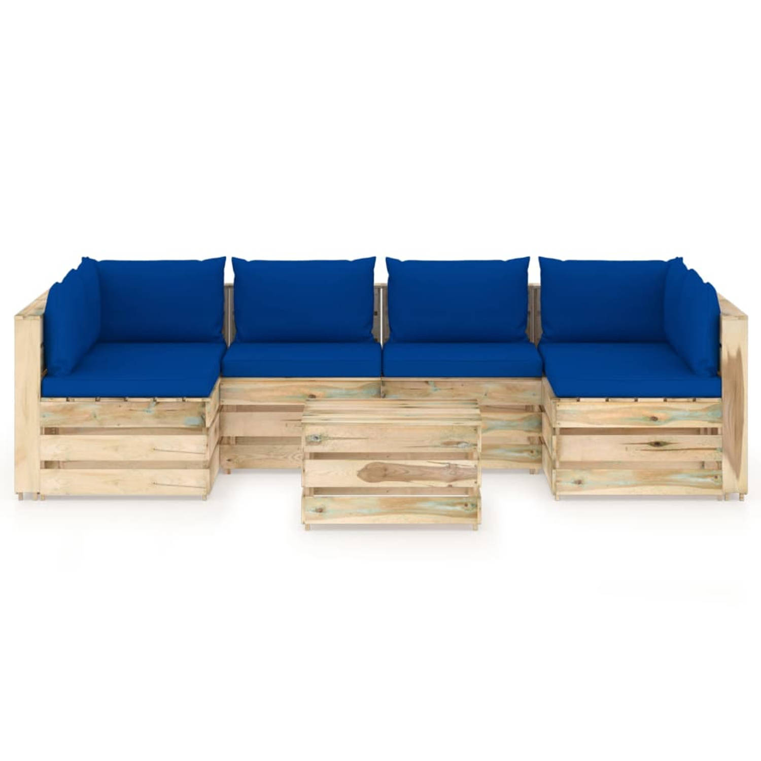 The Living Store Pallet Loungeset - Grenenhout - Blauwe kussens- Hoekbank 69x70x66cm - Middenbank 60x70x66cm - Tafel/voetenbank 60x62x37cm