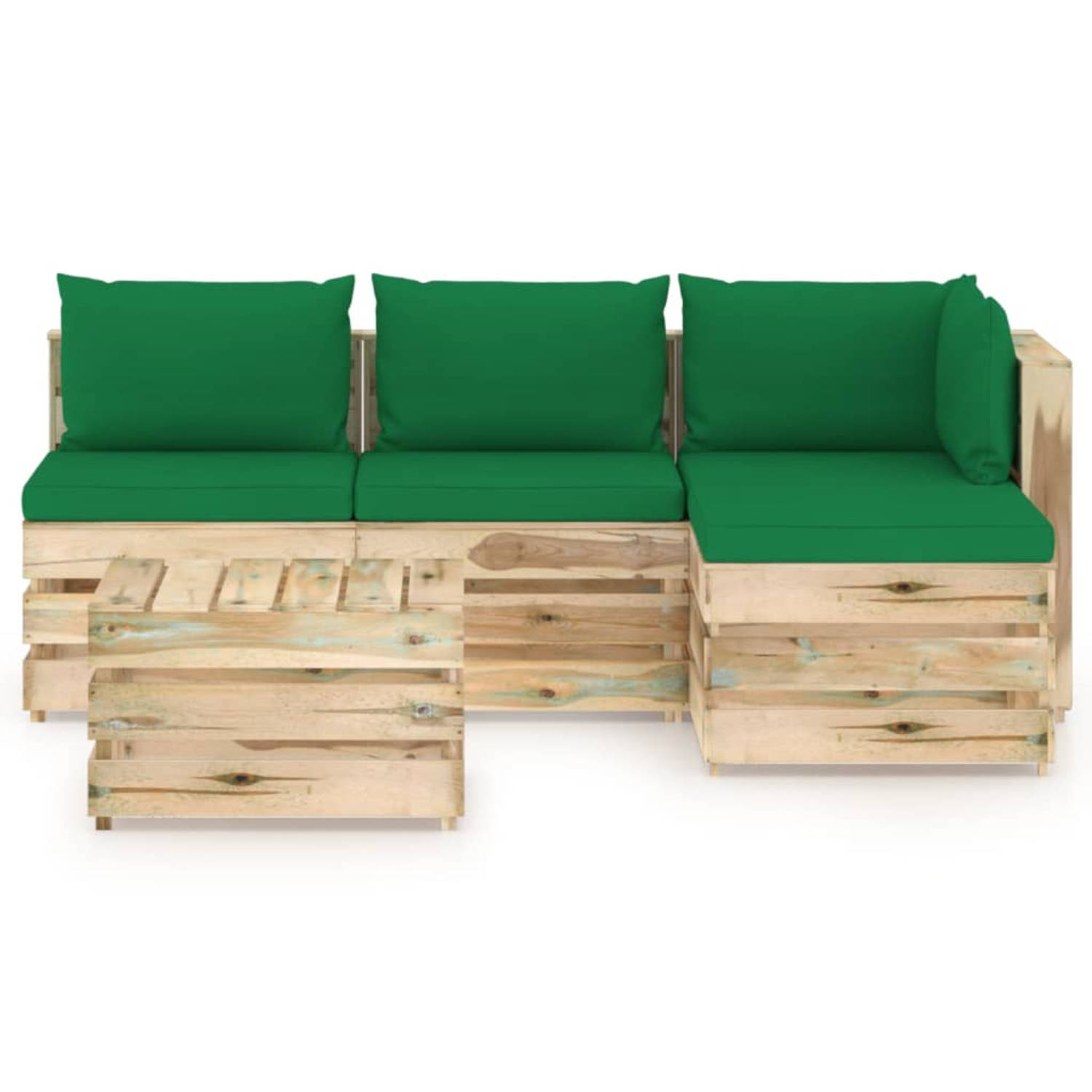 The Living Store Pallet Loungeset - Grenenhout - Groene kussens - 69 x 70 x 66 cm - Modulair design