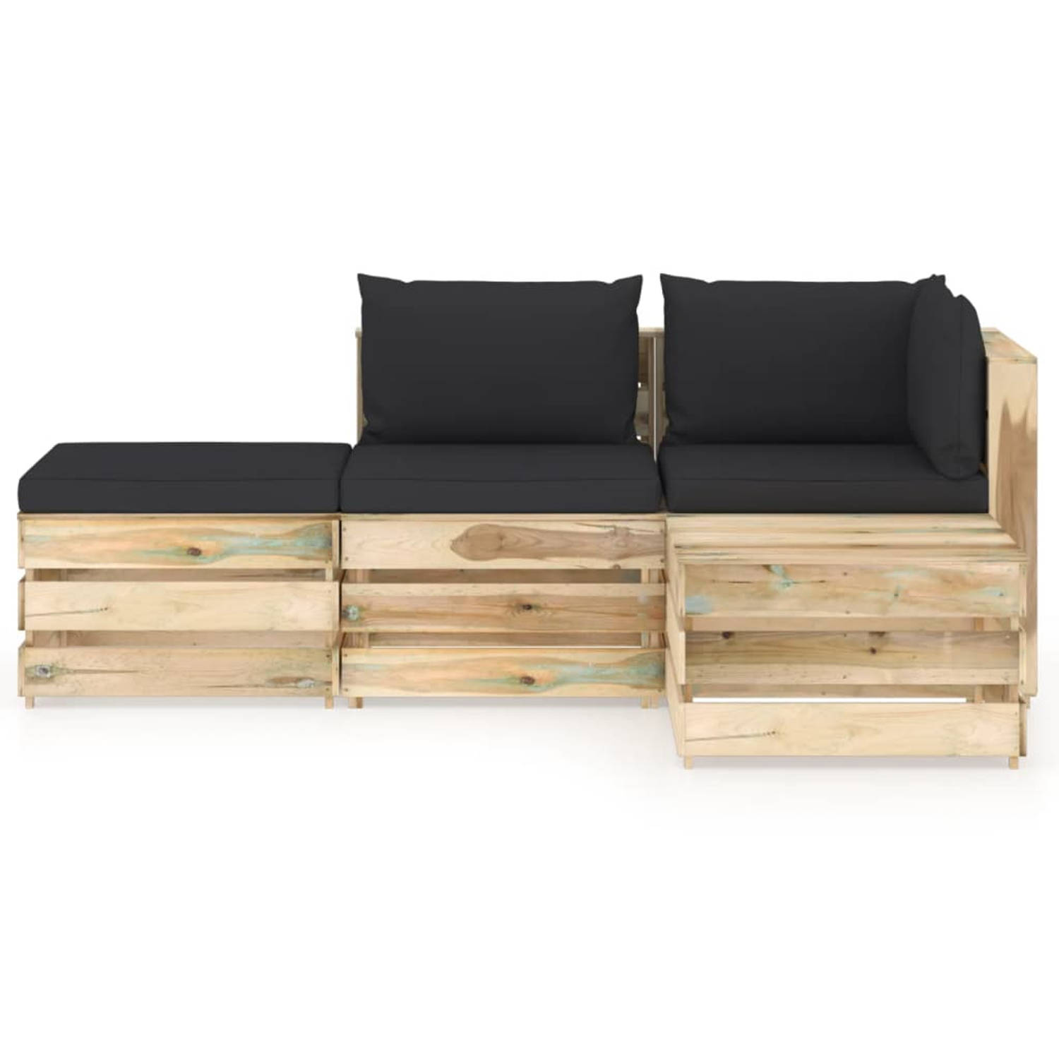 The Living Store Pallet Loungeset - Grenenhout - Zwart - 69 x 70 x 66 cm - Inclusief kussens