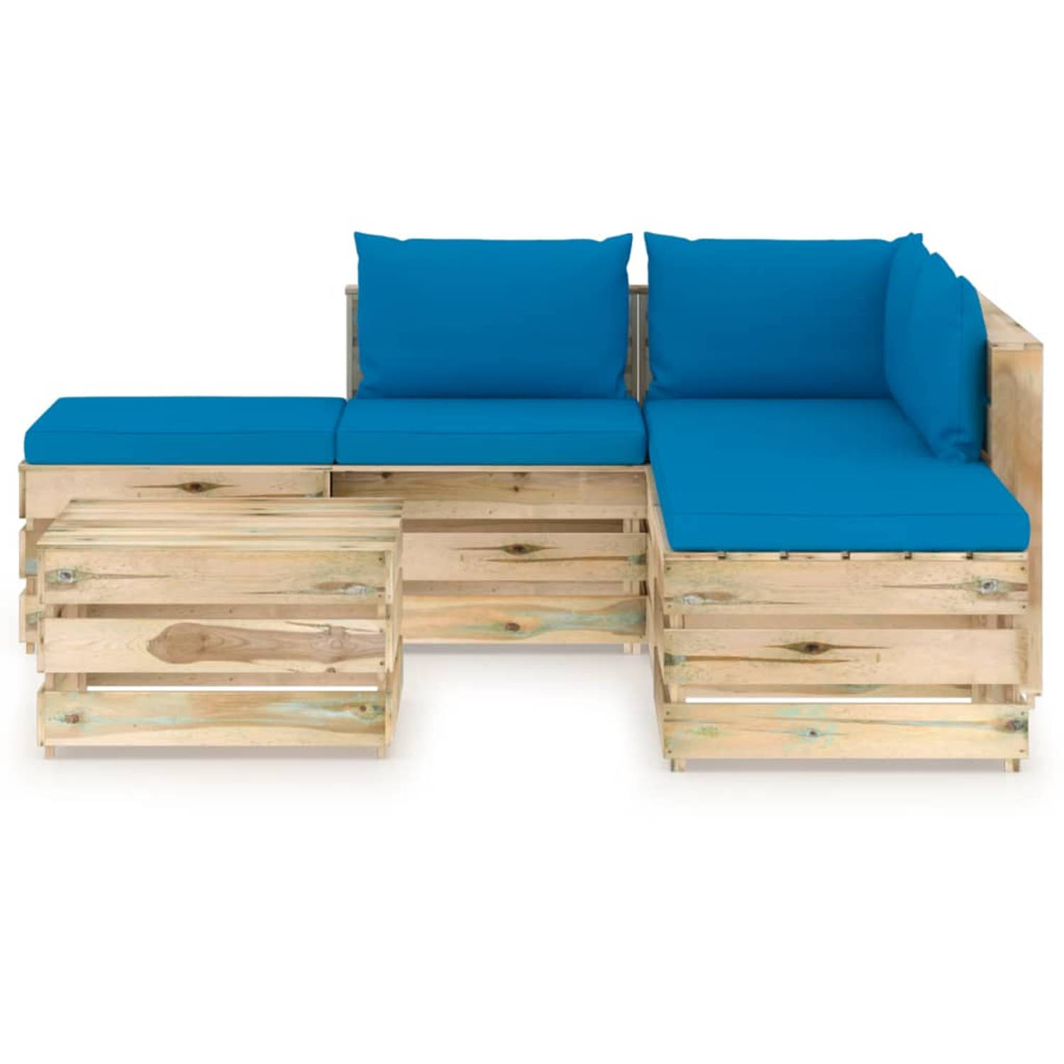 The Living Store Pallet Loungeset - Grenenhout - hoekbank 69 x 70 x 66 cm - middenbank 60 x 70 x 66 cm - tafel/voetenbank 60 x 62 x 37 cm - Lichtblauw kussen