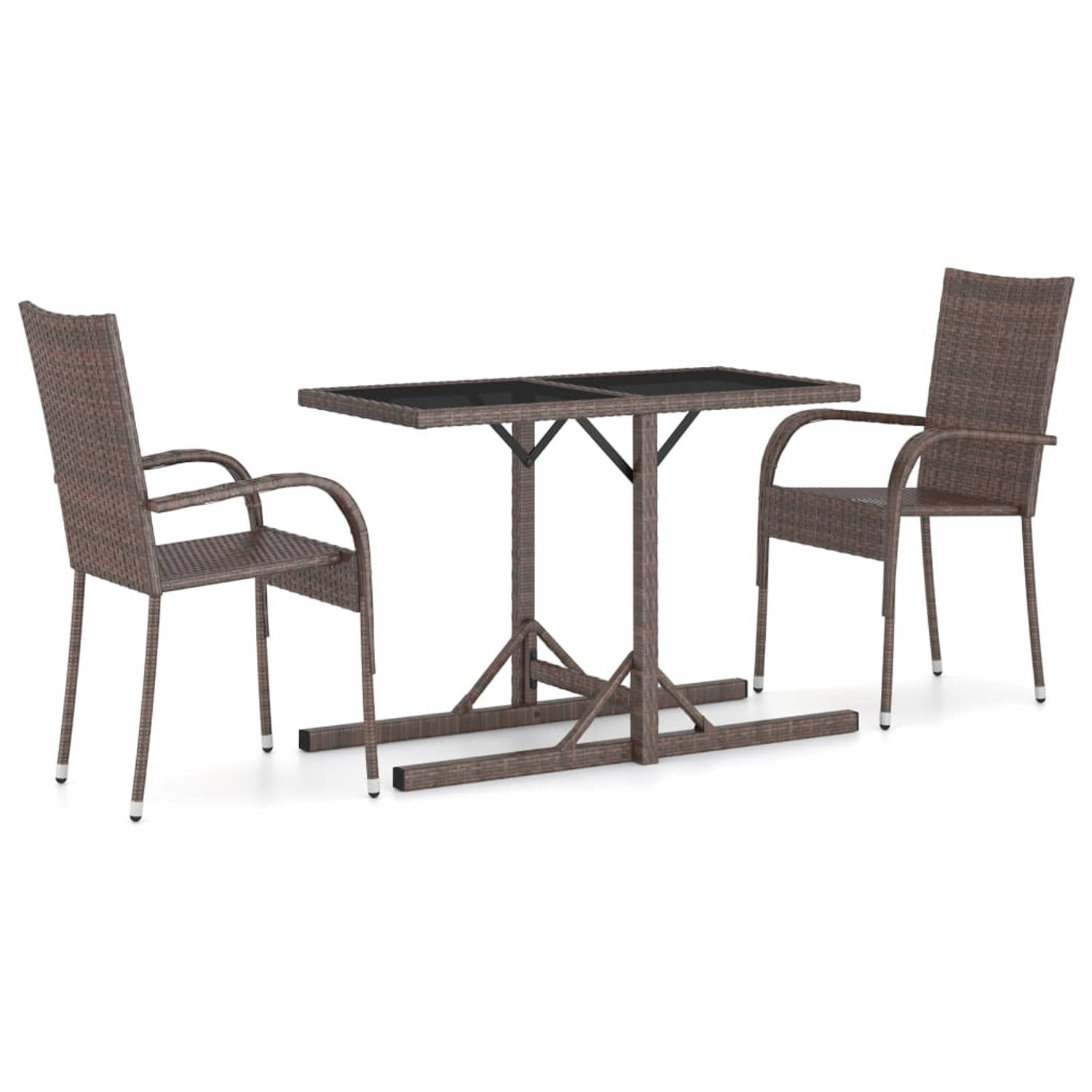 The Living Store Tuinset - 110 x 53 x 72 cm - bruin poly rattan en gepoedercoat staal - inclusief 1 tafel en 2 stoelen
