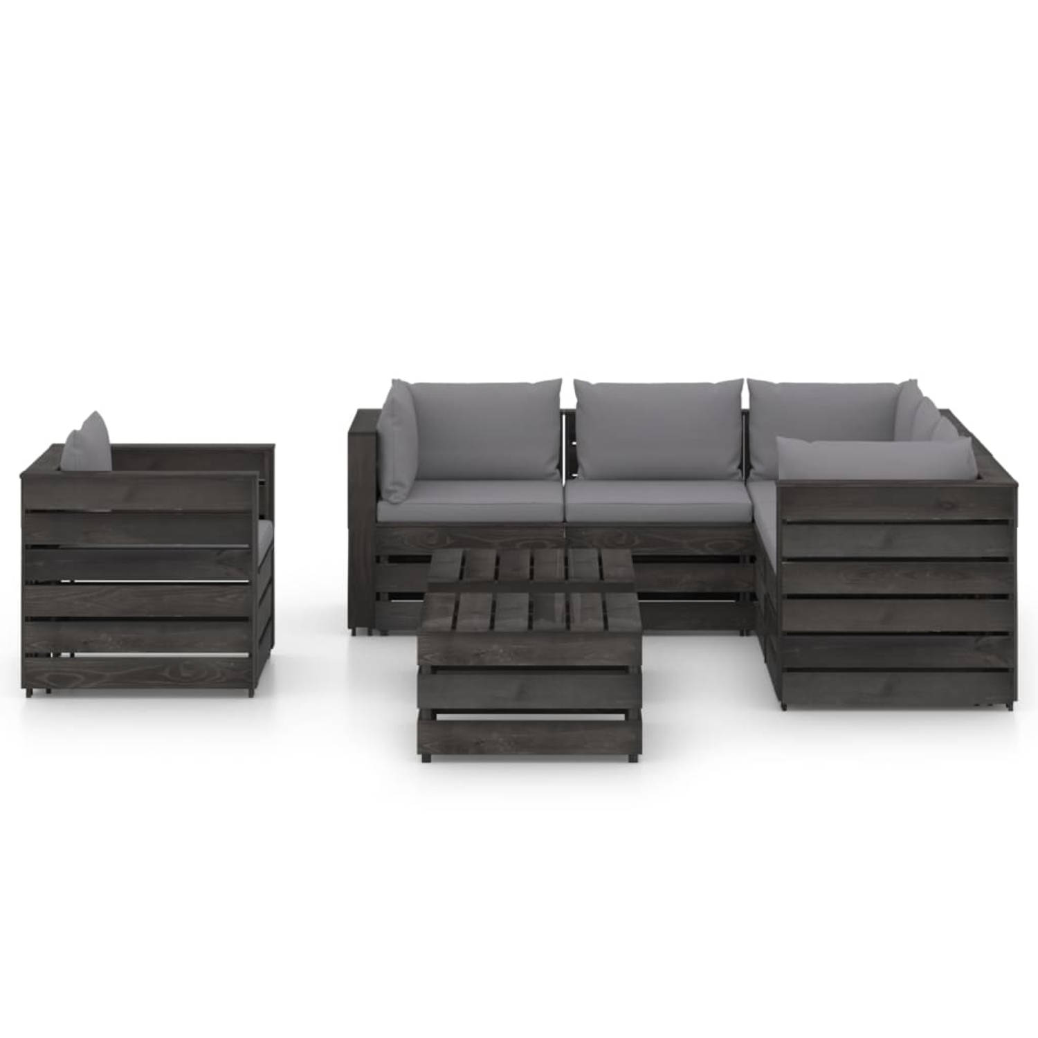The Living Store Loungeset Pallet - Grenenhout - Grijs - 69 x 70 x 66 cm - Inclusief Kussens