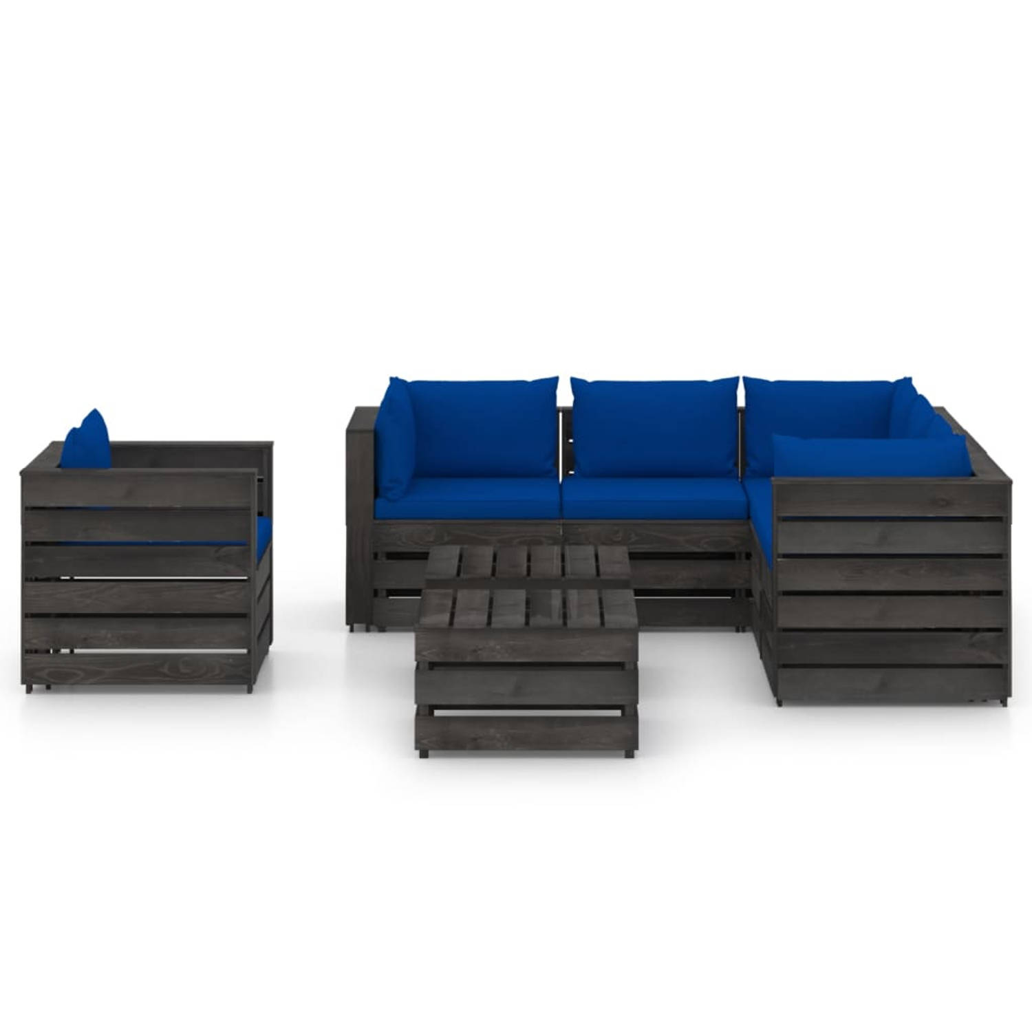 The Living Store Loungeset Pallet Grenenhout - 6-delig - Blauw kussen - 100% Polyester - 69x70x66cm - 60x70x66cm - 60x62x37cm - 77x70x66cm