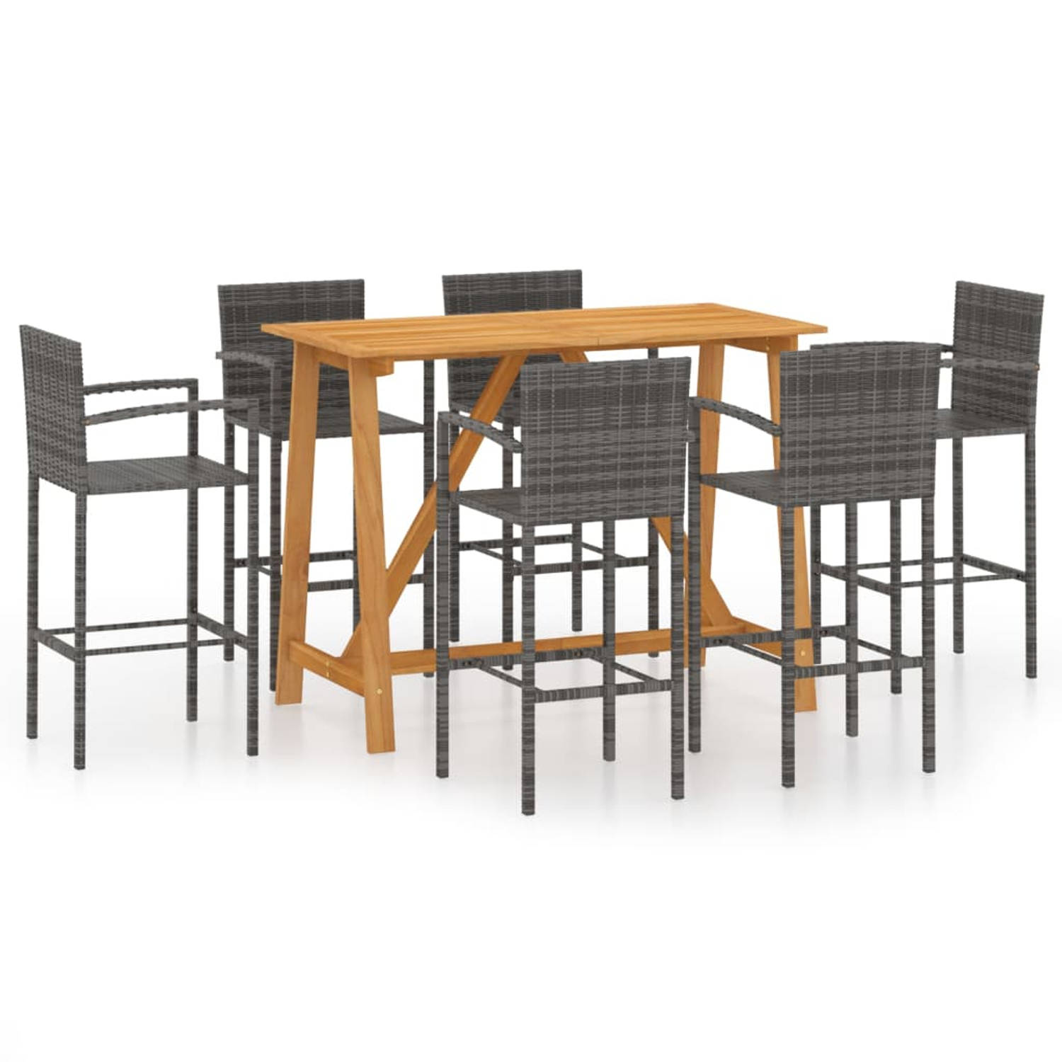 The Living Store Barset Tables and Chairs - Acacia Wood - 140 x 70 x 104 cm - Grey Rattan - 52 x 56 x 118 cm - Assembly Required - 1 Table and 6 Stools