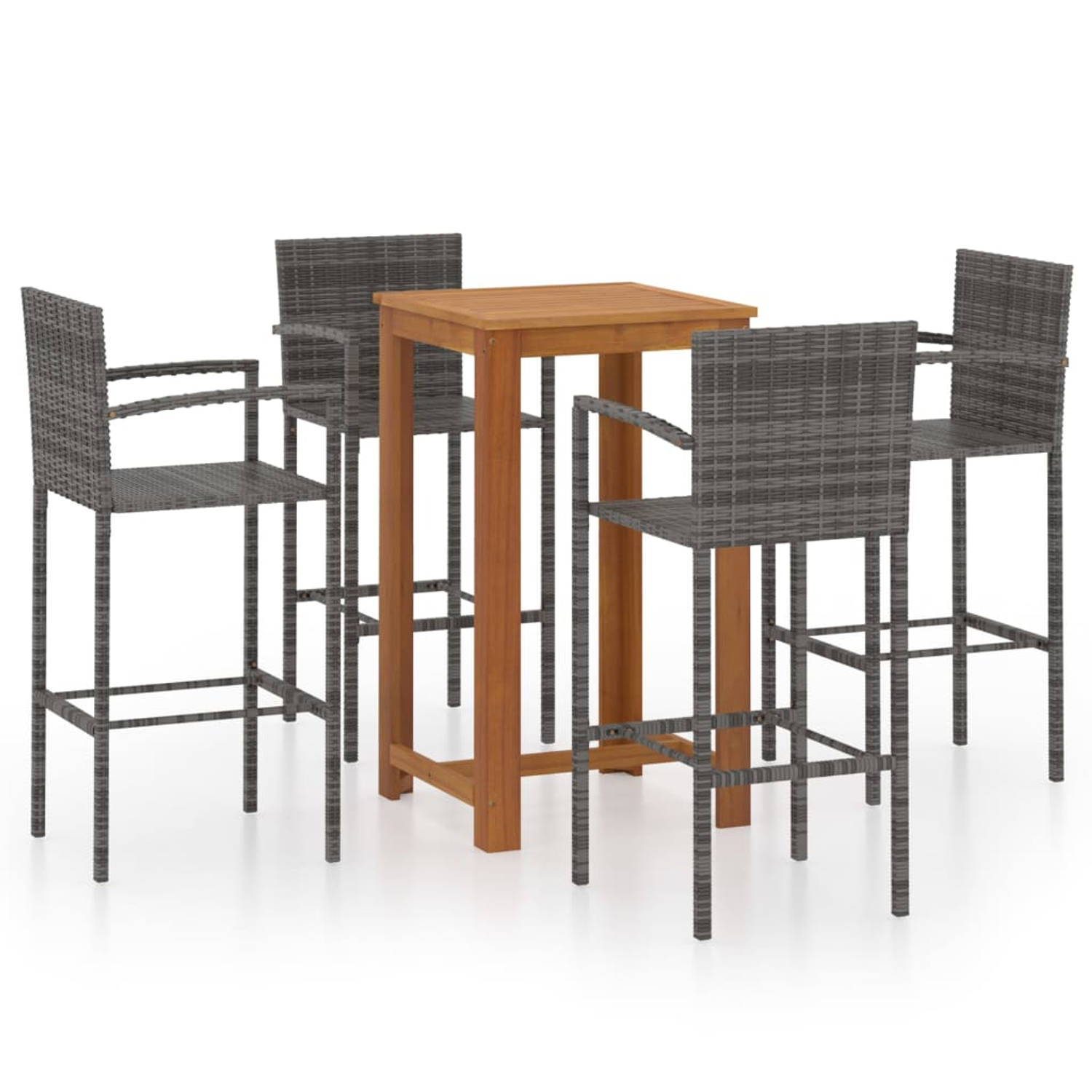 The Living Store Barset Acaciahout - Grijs - 60x60x105 cm - Set met tafel en 4 barkrukken