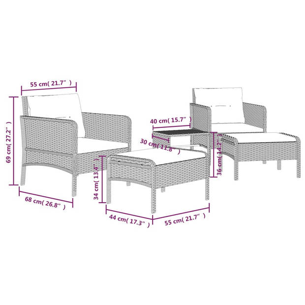 The Living Store Loungeset - Zwart PE-rattan met metalen frame - Complete set met 2 stoelen - 2 voetenbanken - 1