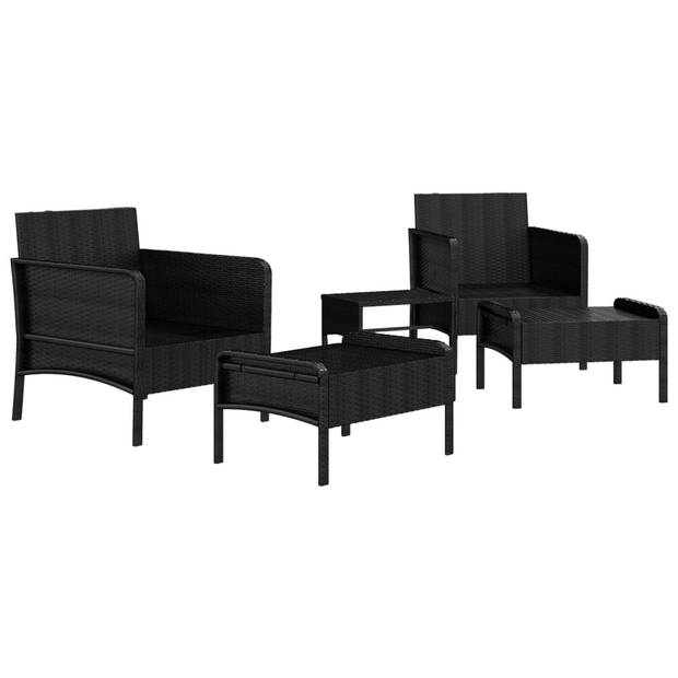 The Living Store Loungeset - Zwart PE-rattan met metalen frame - Complete set met 2 stoelen - 2 voetenbanken - 1