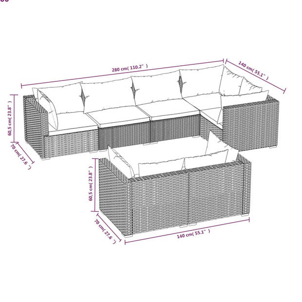 The Living Store Loungeset - Poly Rattan - Bruin - 70x70x60.5 cm - Modulair design