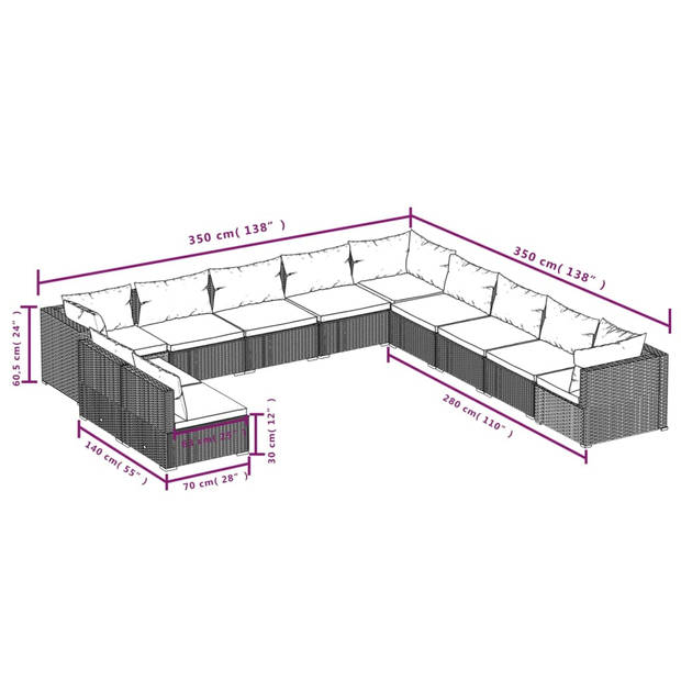 The Living Store Loungeset Poly Rattan - Bruin - Modulair Design - Waterbestendig