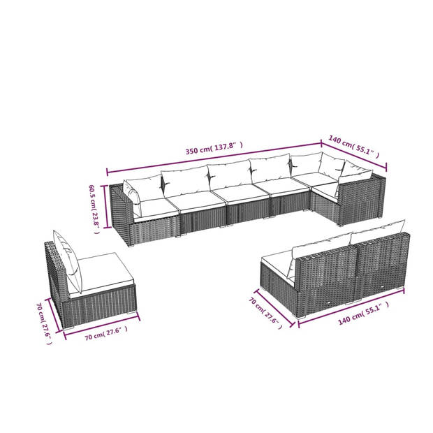 The Living Store Loungeset - Poly Rattan - Bruin - 3 hoekbank - 6 middenbank (70x70x60.5cm) - 9 zitkussen (63x63x6cm)