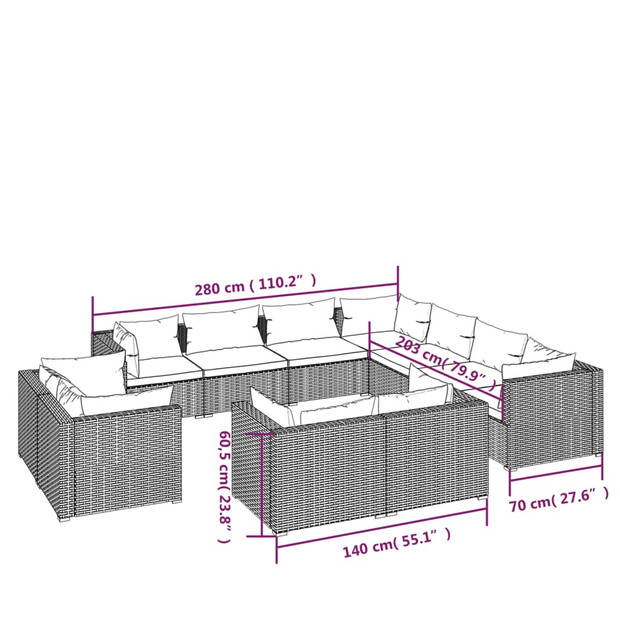 vidaXL 11-delige Loungeset met kussens poly rattan bruin