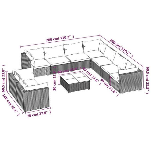 vidaXL 10-delige Loungeset met kussens poly rattan zwart