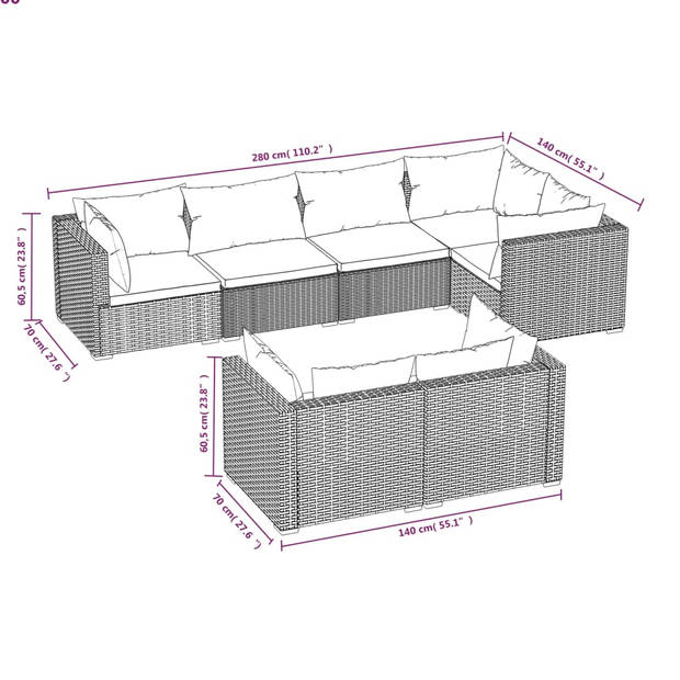 vidaXL 7-delige Loungeset met kussens poly rattan grijs