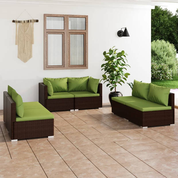 The Living Store Loungeset - PE-rattan - modulair design - bruin - groene kussens