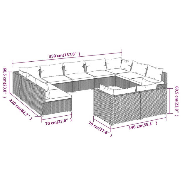 vidaXL 11-delige Loungeset met kussens poly rattan zwart