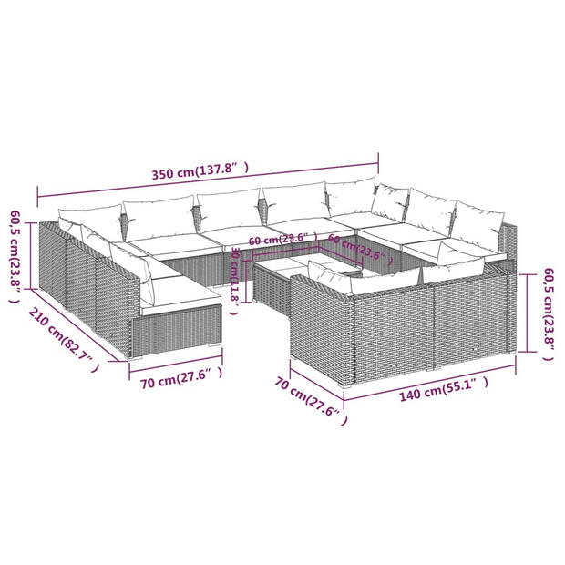 vidaXL 12-delige Loungeset met kussens poly rattan bruin