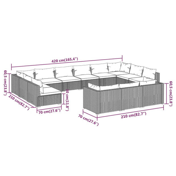 The Living Store Loungeset - PE-rattan - Grijs - Middenbank- 70x70x60.5cm - Hoekbank- 70x70x60.5cm