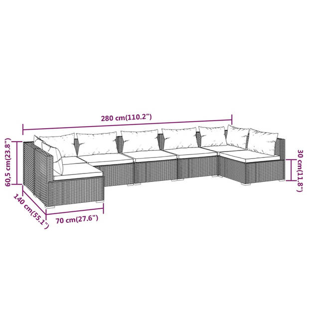 vidaXL 7-delige Loungeset met kussens poly rattan zwart