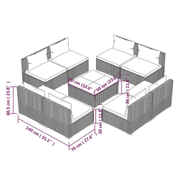 vidaXL 9-delige Loungeset met kussens poly rattan bruin