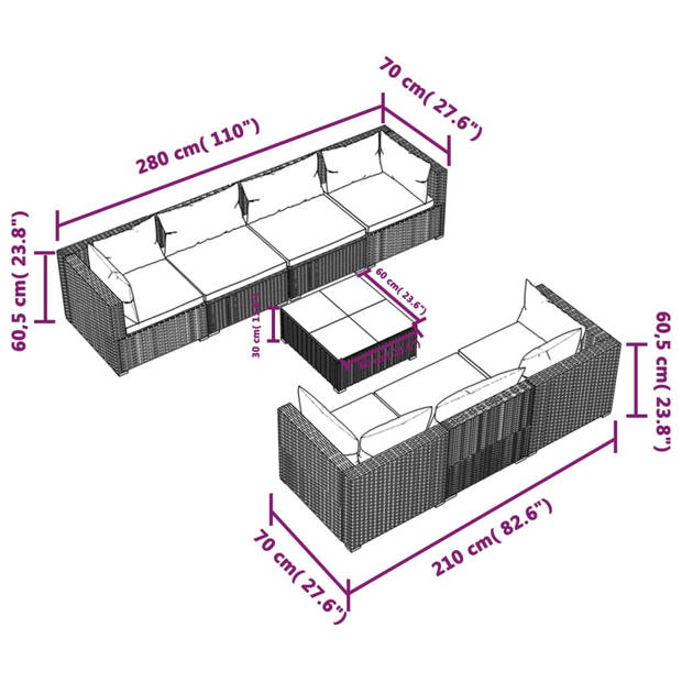 The Living Store Tuinset - Poly rattan - Modulair design - Waterbestendig - Stevig frame - Comfortabele kussens - Grijs
