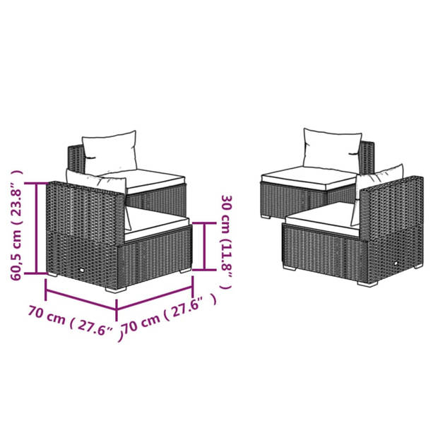 vidaXL 4-delige Loungeset met kussens poly rattan bruin