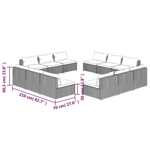 vidaXL 12-delige Loungeset met kussens poly rattan zwart