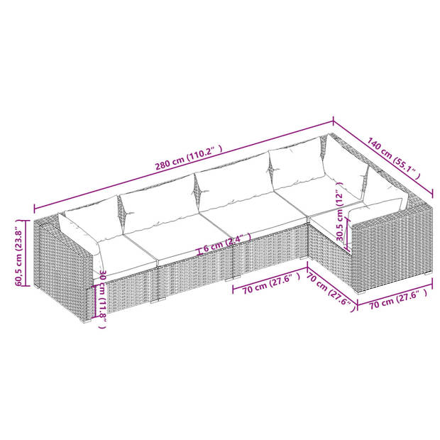 The Living Store Loungeset - Grijs - PE-rattan - Modulair design - Comfortabele kussens