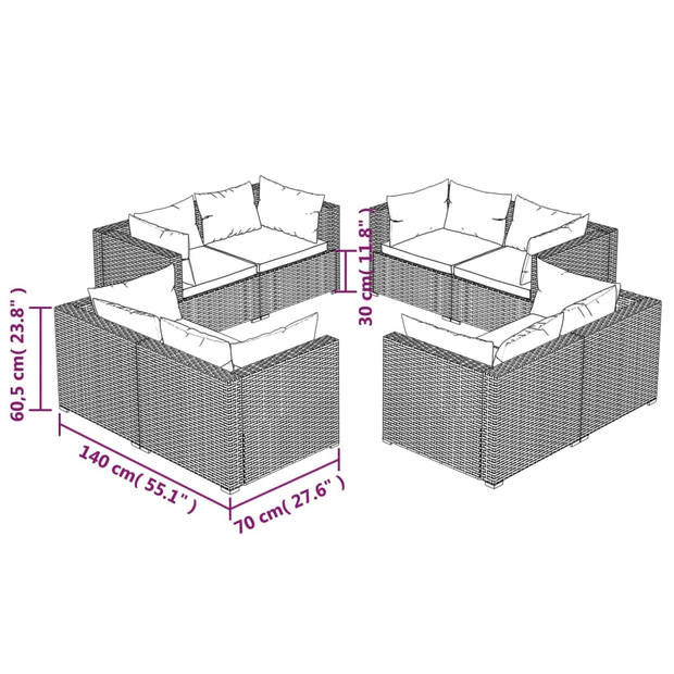 vidaXL 8-delige Loungeset met kussens poly rattan grijs