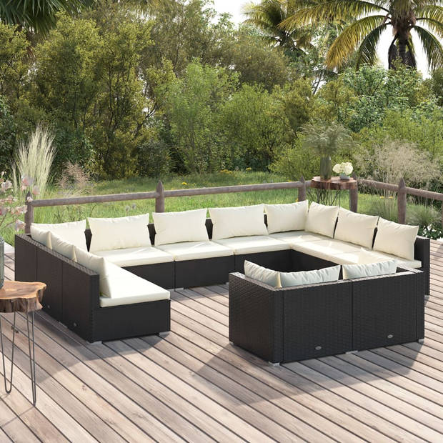 vidaXL 11-delige Loungeset met kussens poly rattan zwart