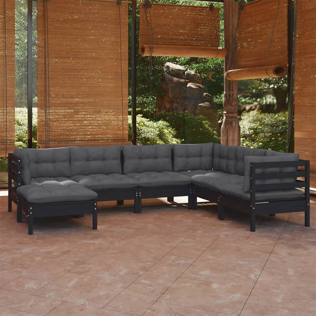 The Living Store 7-delige Loungeset met kussens massief grenenhout zwart - Tuinset