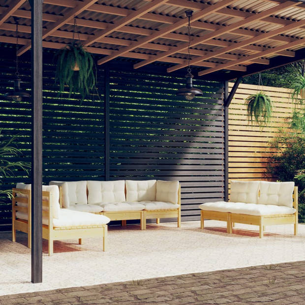 The Living Store 7-delige Loungeset met crèmekleurige kussens massief grenenhout - Tuinset