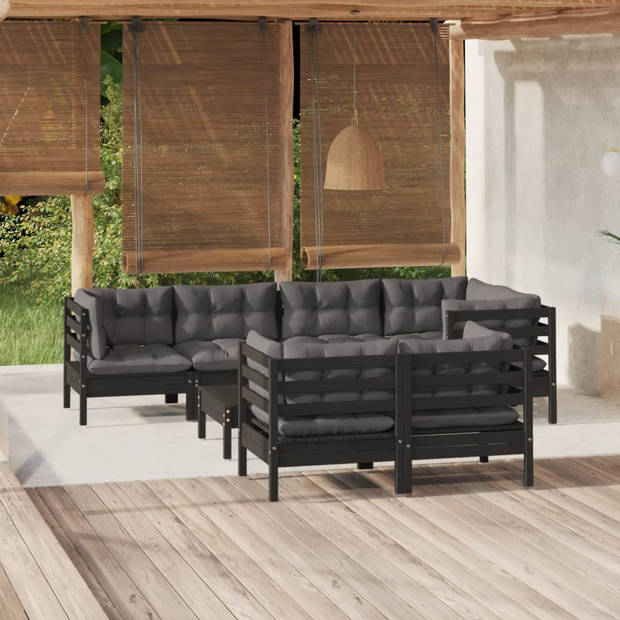 The Living Store 8-delige Loungeset met kussens massief grenenhout zwart - Tuinset