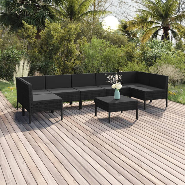 vidaXL 8-delige Loungeset met kussens poly rattan zwart