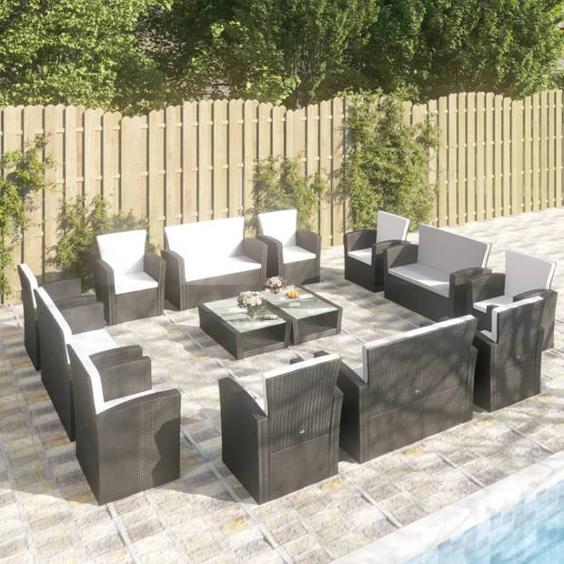 vidaXL 16-delige Loungeset met kussens poly rattan zwart