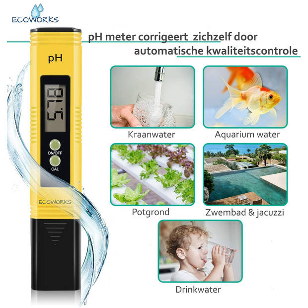 Ecoworks Digitale PH meter incl. Kalibratie & batterijen - Watertester - Zwembad/Aquarium/Grond Onderhoud - PH Strips