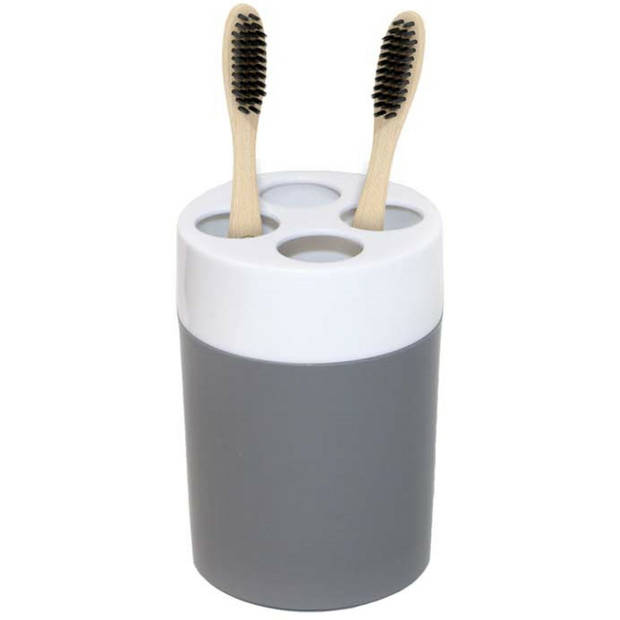 Badkamer tandenborstel beker kunststof grijs/wit 7 x 11 cm - Tandenborstelhouders