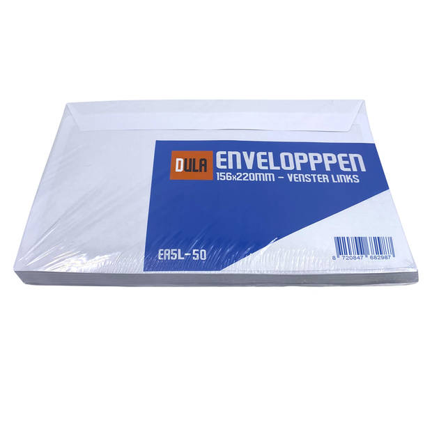 DULA EA5 Enveloppen - Venster links -156 x 220 mm - 50 stuks - Wit - Zelfklevend met plakstrip - 80 gram