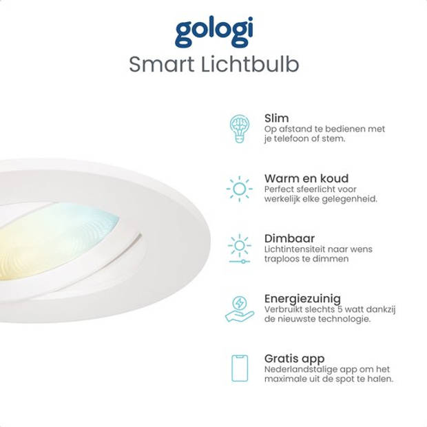 Gologi Slimme Inbouwspots - Smart LED Downlight Dimbaar - Kantelbaar - Warm Wit Licht - Gu10 LED Lamp - Wit