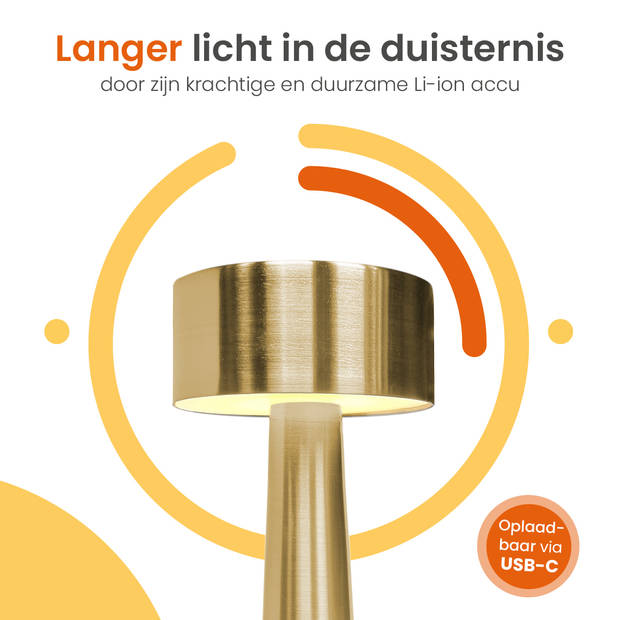 Goliving Tafellamp Oplaadbaar – Draadloos en dimbaar – Moderne touch lamp – Nachtlamp – 21 cm – Goud