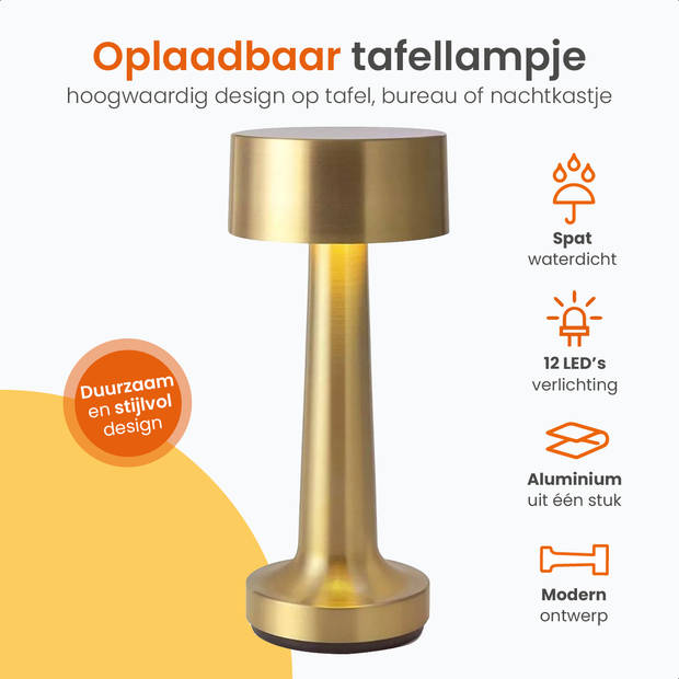 Goliving Tafellamp Oplaadbaar – Draadloos en dimbaar – Moderne touch lamp – Nachtlamp – 21 cm – Goud