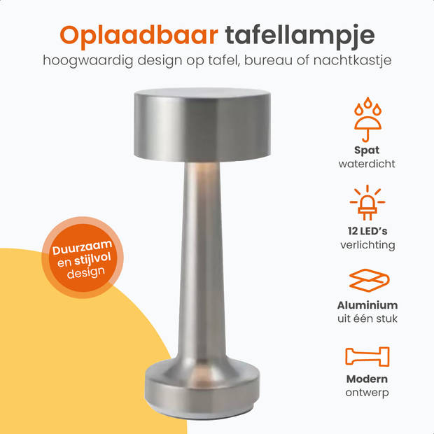 Goliving Tafellamp Oplaadbaar – Draadloos en dimbaar – Moderne touch lamp – 21 cm – Zilver
