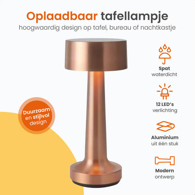 Goliving Tafellamp Oplaadbaar – Draadloos en dimbaar – Moderne touch lamp – 21 cm – Roségoud